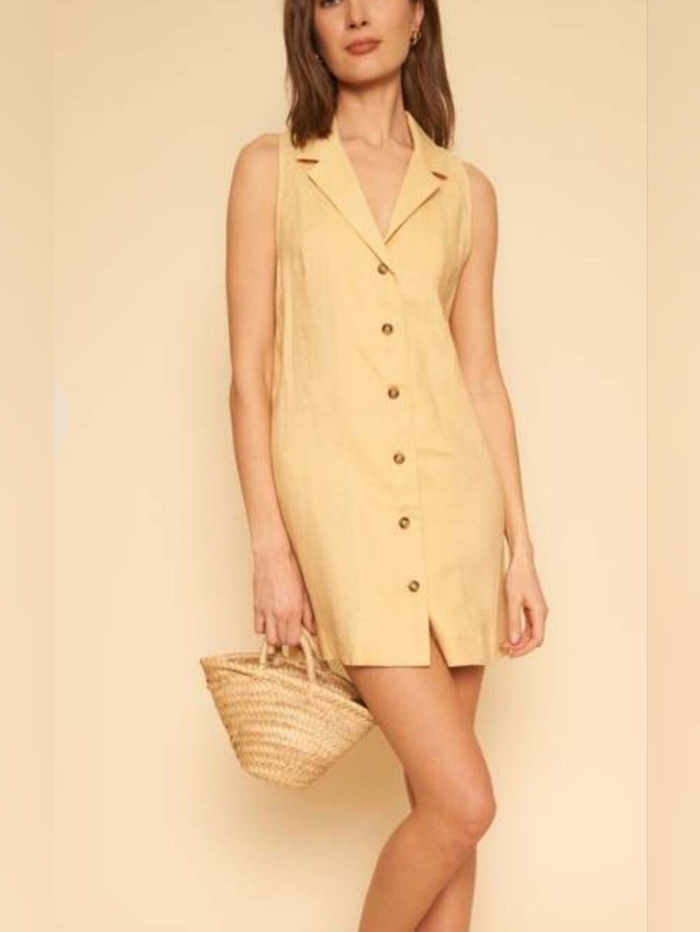 NWT Whimsy + Row Jaclyn 100% Linen Collared Yellow Mini Dress Size M Made In USA